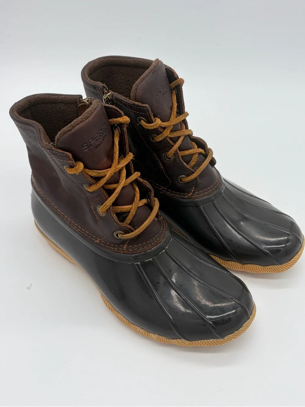 Sperry Brown Leather and Black Rubber Duck Boots with Tan Laces